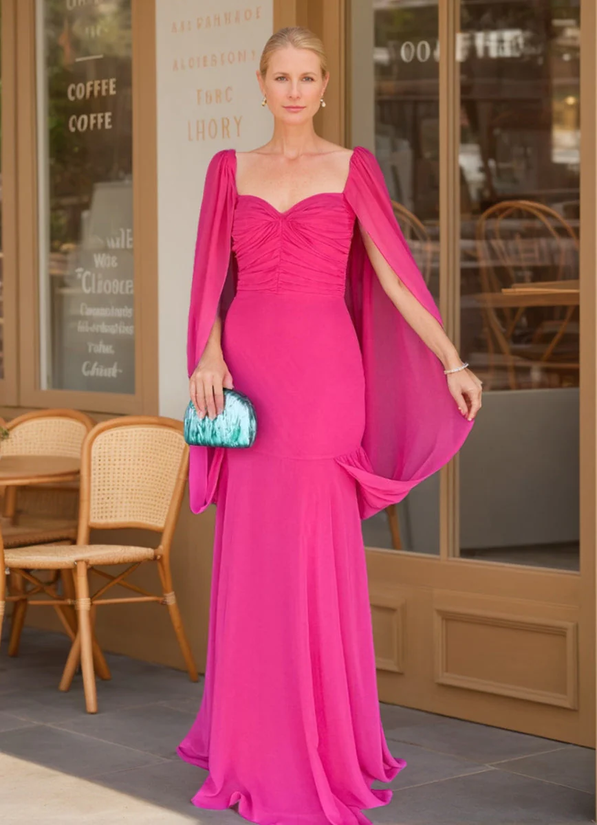 Trumpet/Mermaid Sweetheart Ruched Floor Length Prom Dresses with Cape - Image 4