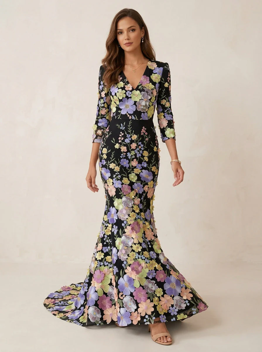 Trumpet/Mermaid V-Neck Lace Evening Dresses Floral Embroidery Floor-Length 3/4 Sleeves Party Dresses - Image 3