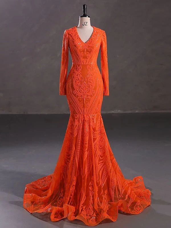 Trumpet/Mermaid V-Neck Long Sleeves Floor-Length Evening Dresses with Sequin - Image 11
