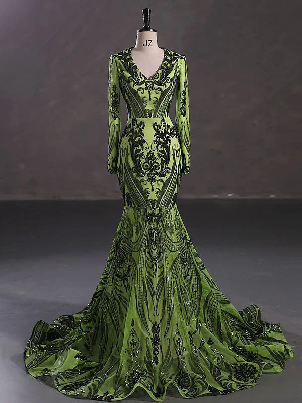 Trumpet/Mermaid V-Neck Long Sleeves Floor-Length Evening Dresses with Sequin - Image 13