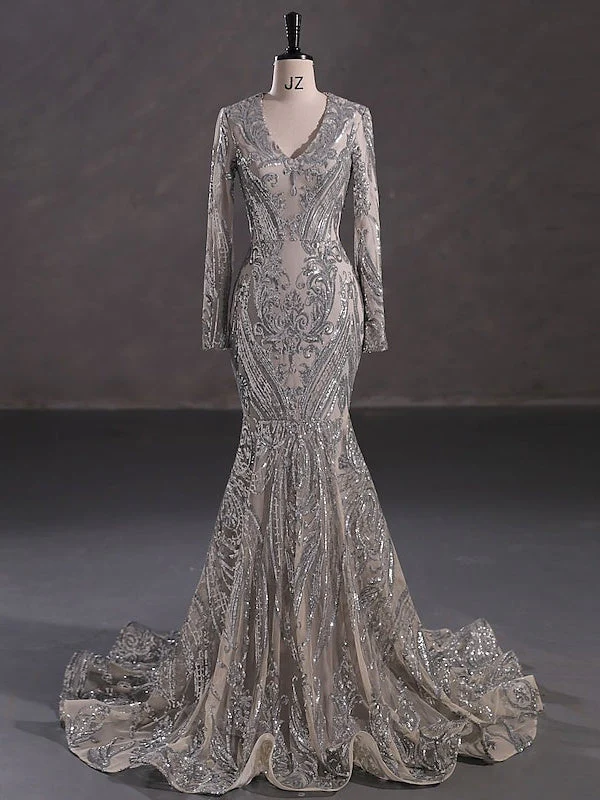 Trumpet/Mermaid V-Neck Long Sleeves Floor-Length Evening Dresses with Sequin - Image 17