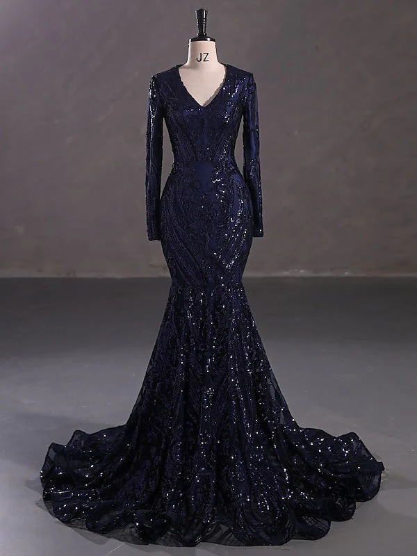 Trumpet/Mermaid V-Neck Long Sleeves Floor-Length Evening Dresses with Sequin - Image 18