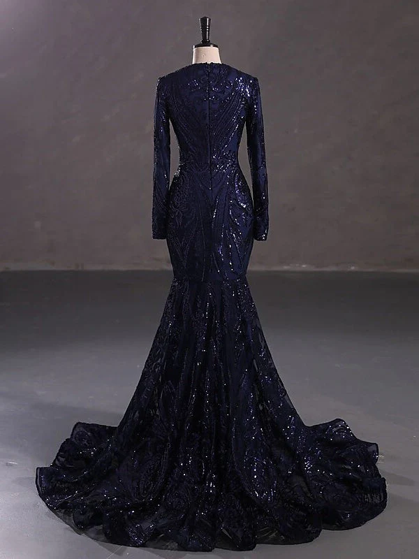 Trumpet/Mermaid V-Neck Long Sleeves Floor-Length Evening Dresses with Sequin - Image 19