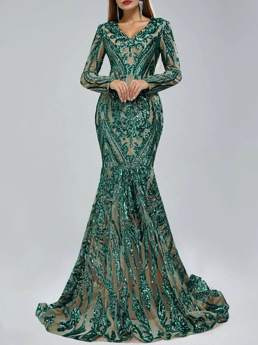 Trumpet/Mermaid V-Neck Long Sleeves Floor-Length Evening Dresses with Sequin - Image 22