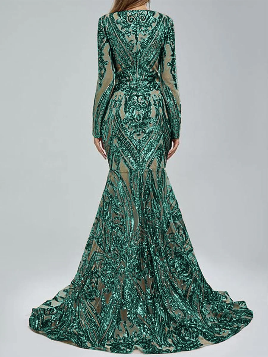 Trumpet/Mermaid V-Neck Long Sleeves Floor-Length Evening Dresses with Sequin - Image 23