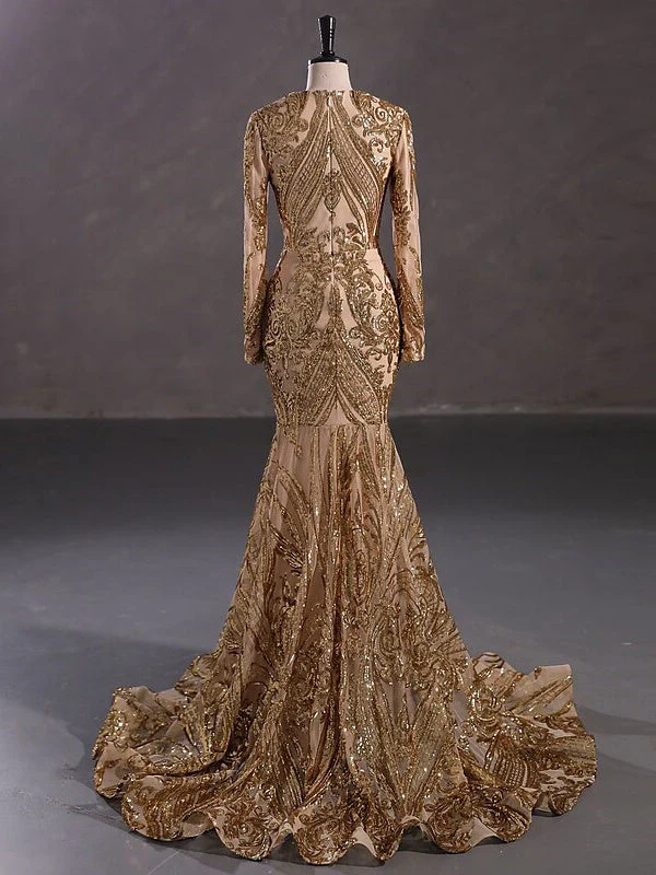 Trumpet/Mermaid V-Neck Long Sleeves Floor-Length Evening Dresses with Sequin - Image 6