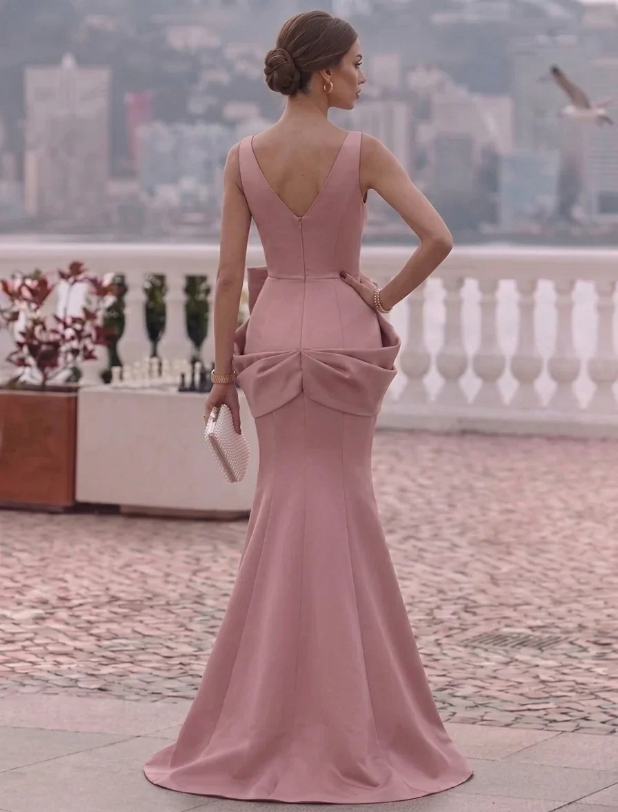 Trumpet/Mermaid V-Neck Satin Evening Dresses with Bowknot Floor-Length Formal Dresses - Image 2