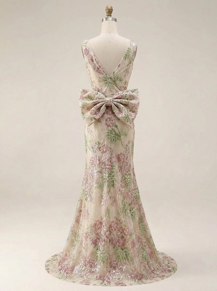 Trumpet/Mermaid V-Neck Sequins Floral Evening Dresses with Bowknot Floor-Length Sleeveless Party Dresses - Image 2