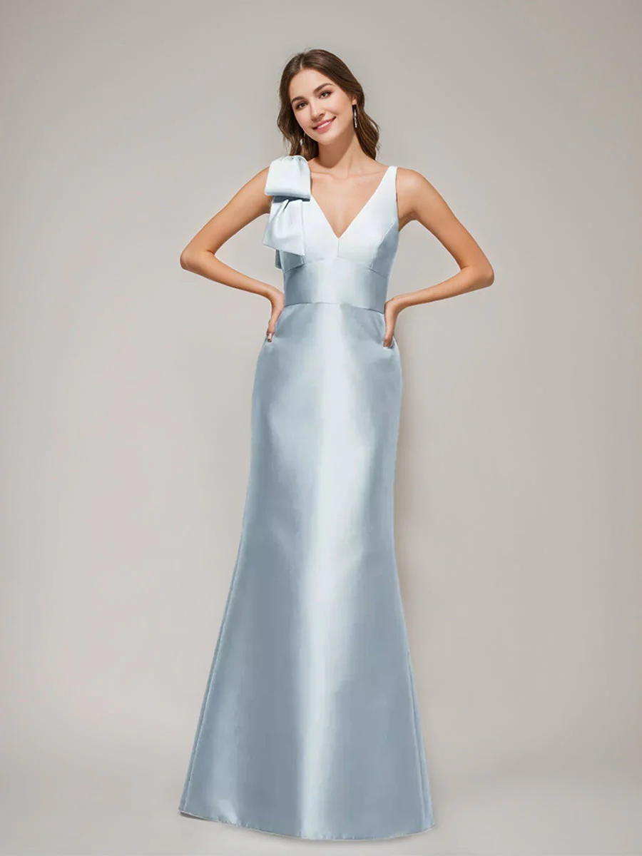 Trumpet/Mermaid V-neck Sleeveless Floor-Length Wedding Guest Dress with Bow
