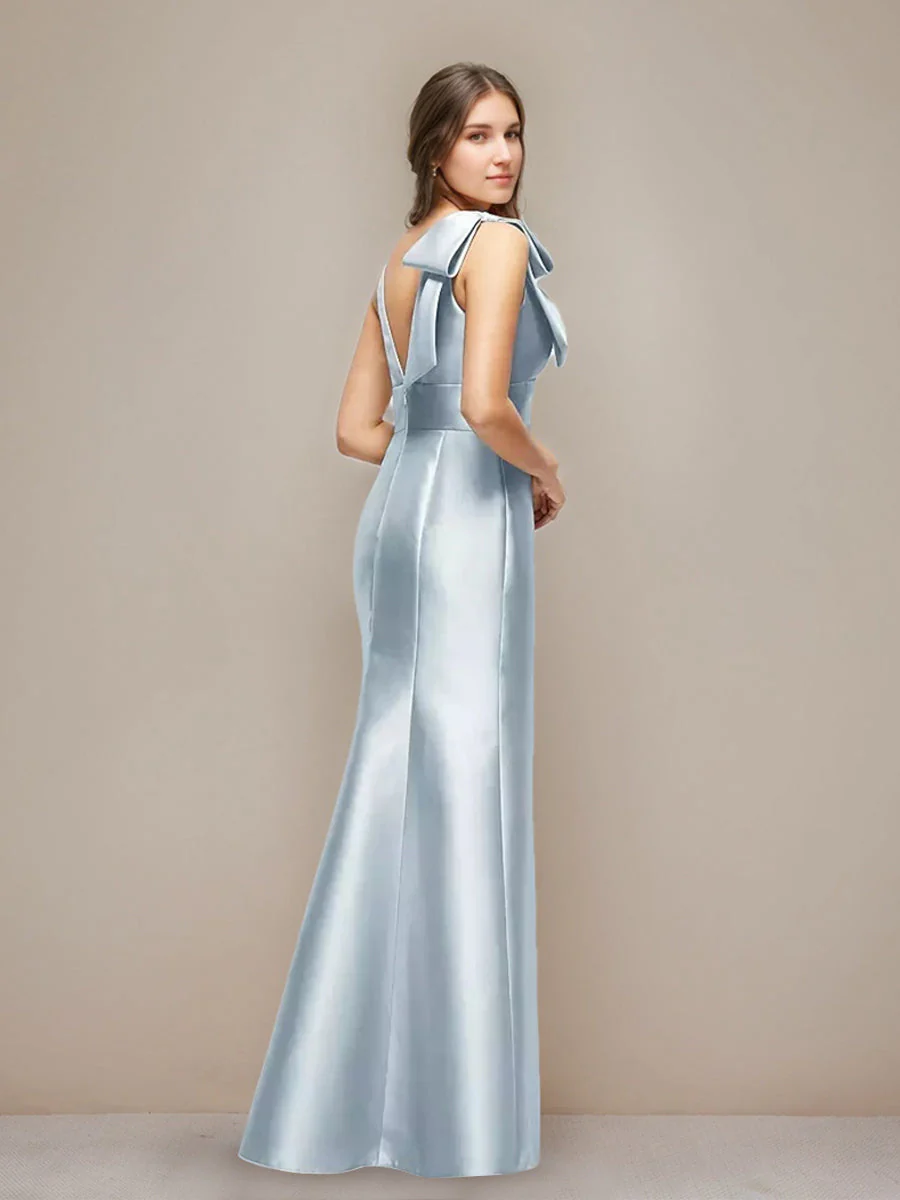 Trumpet/Mermaid V-neck Sleeveless Floor-Length Wedding Guest Dress with Bow - Image 2