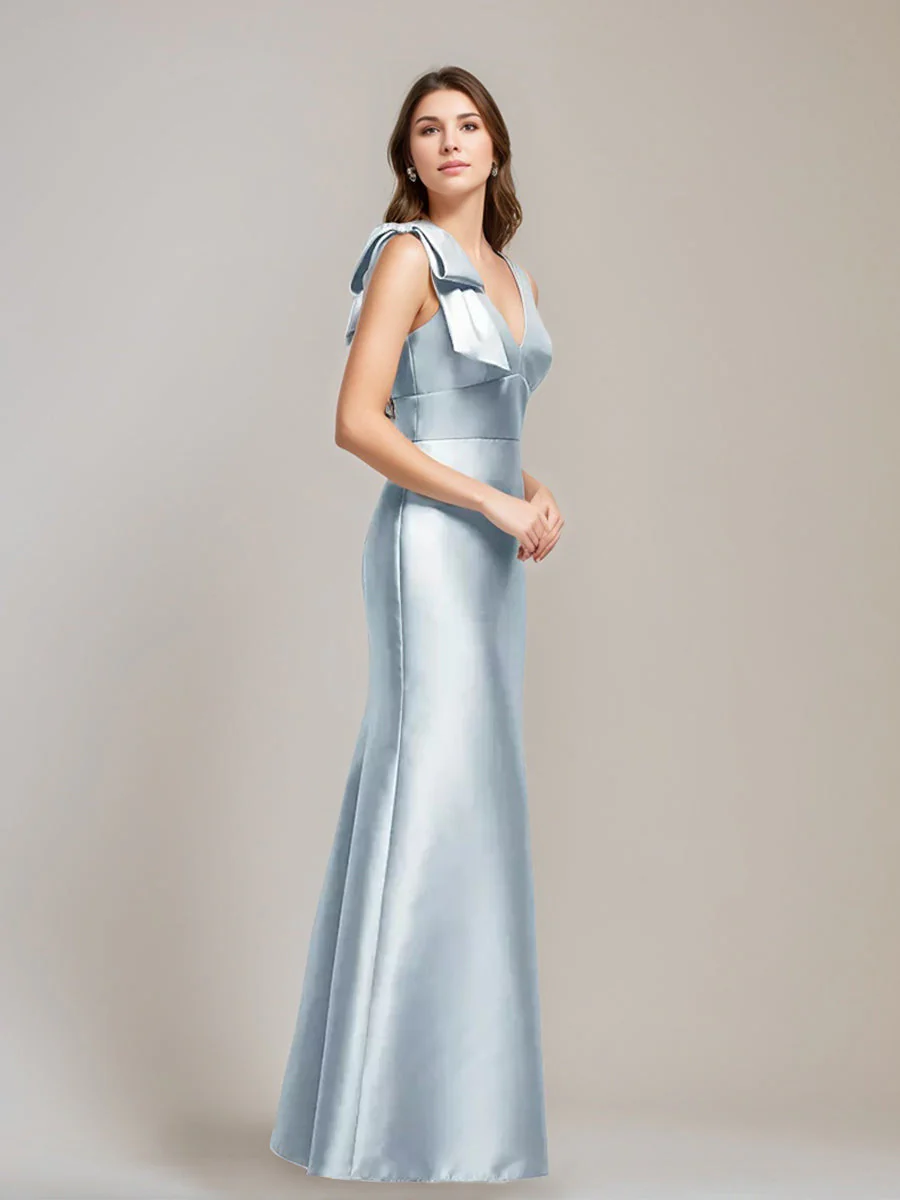Trumpet/Mermaid V-neck Sleeveless Floor-Length Wedding Guest Dress with Bow - Image 3