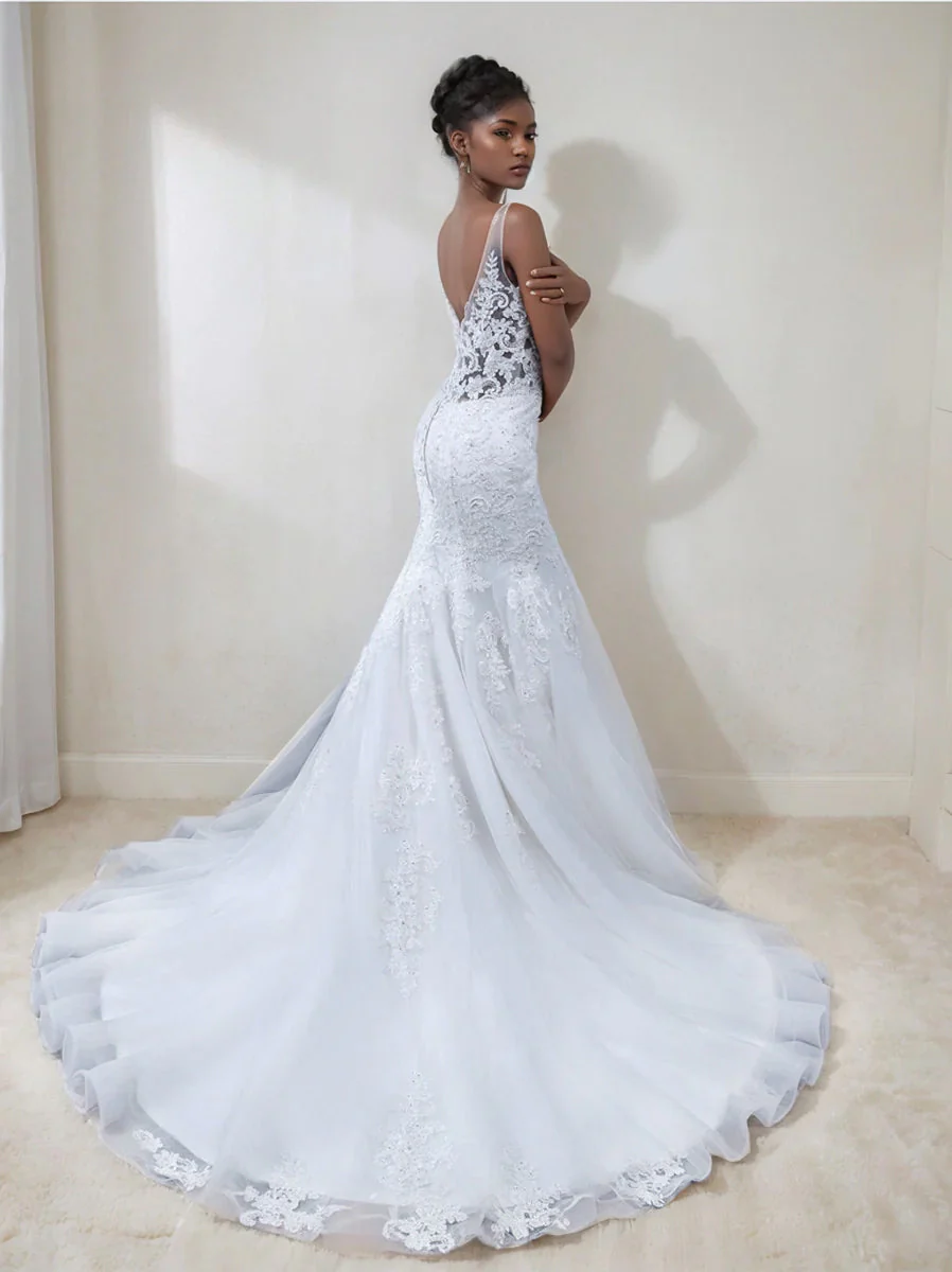 Trumpet/Mermaid V-Neck Sleeveless Wedding Dresses with Lace Appliques - Image 2