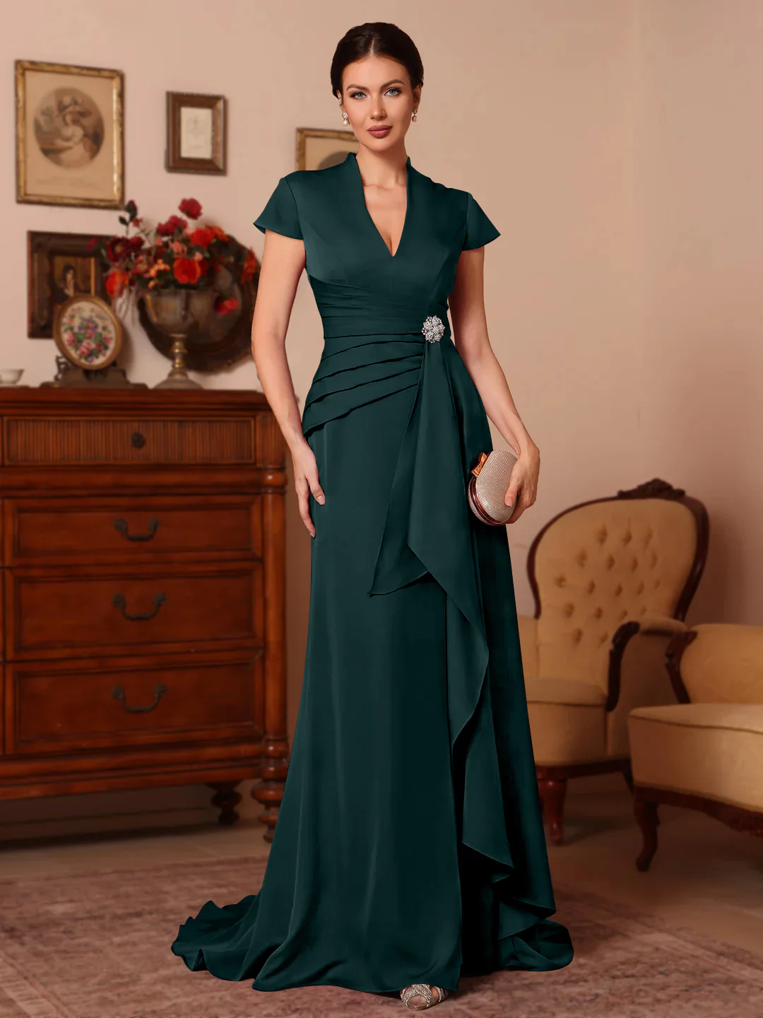Trumpet/Mermaid V-Neck Stretch Satin Mother of the Bride Dresses Floor-Length Sweep Train Cap Sleeves Ruffles - Image 24