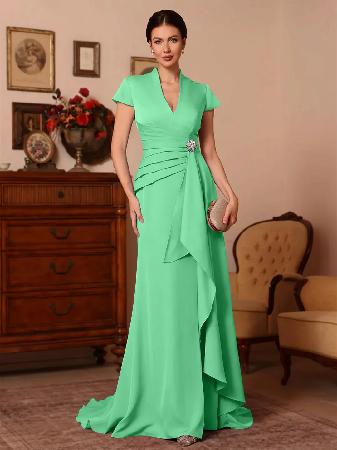 Trumpet/Mermaid V-Neck Stretch Satin Mother of the Bride Dresses Floor-Length Sweep Train Cap Sleeves Ruffles - Image 28