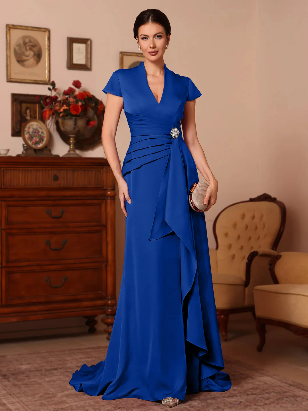 Trumpet/Mermaid V-Neck Stretch Satin Mother of the Bride Dresses Floor-Length Sweep Train Cap Sleeves Ruffles - Image 31