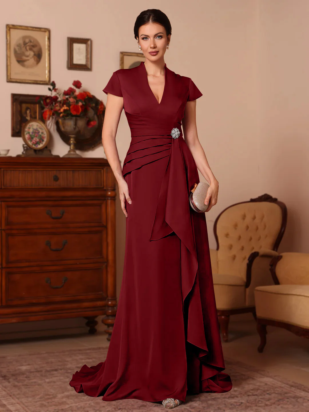 Trumpet/Mermaid V-Neck Stretch Satin Mother of the Bride Dresses Floor-Length Sweep Train Cap Sleeves Ruffles - Image 41