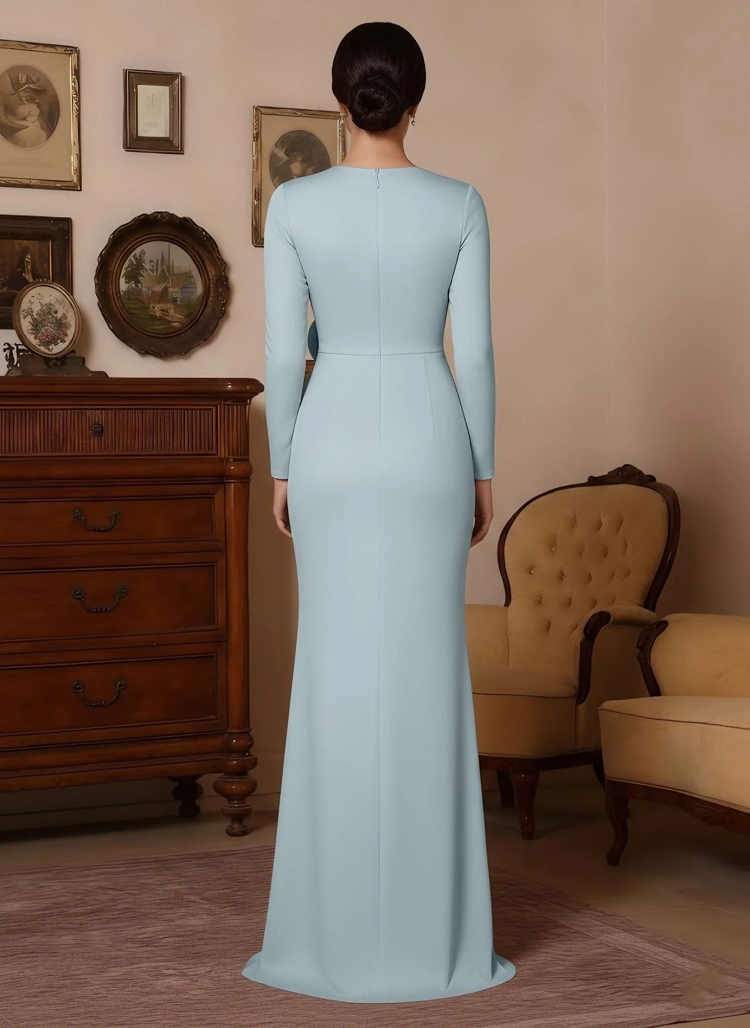 Trumpet/Mermaid V-Neck Stretch Satin Mother of the Bride Dresses with Split Side Floor-Length Long Sleeves Sash 3D Flower Ruched - Image 2