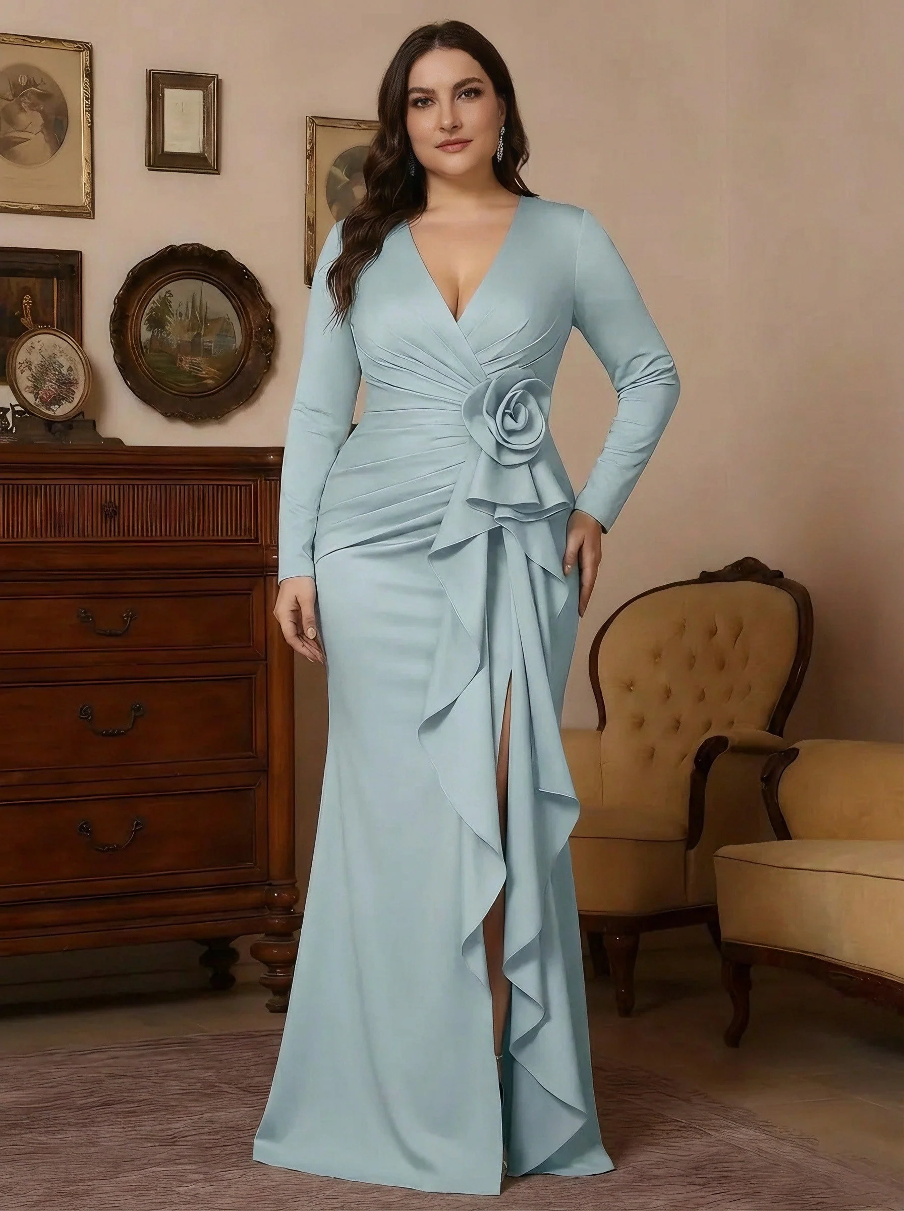Trumpet/Mermaid V-Neck Stretch Satin Plus Size Mother of the Bride Dresses with Split Side Floor-Length Long Sleeves Sash 3D Flower Ruched - Image 3