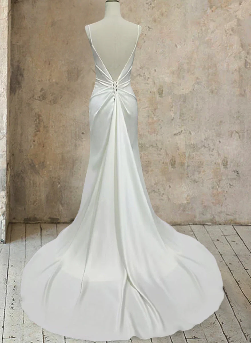 Trumpet/Mermaid White Satin V-Neck Minimalist Sleeveless Wedding Dresses - Image 2