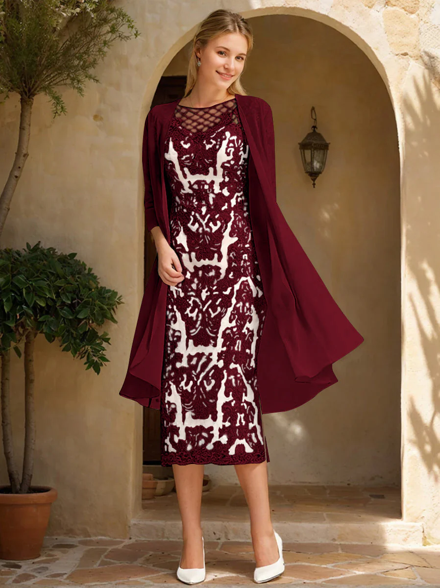 Two Pieces Sheath/Column Jewel Neck Mother of the Bride & Groom Dresses with Lace Appliques & Beadings - Image 32