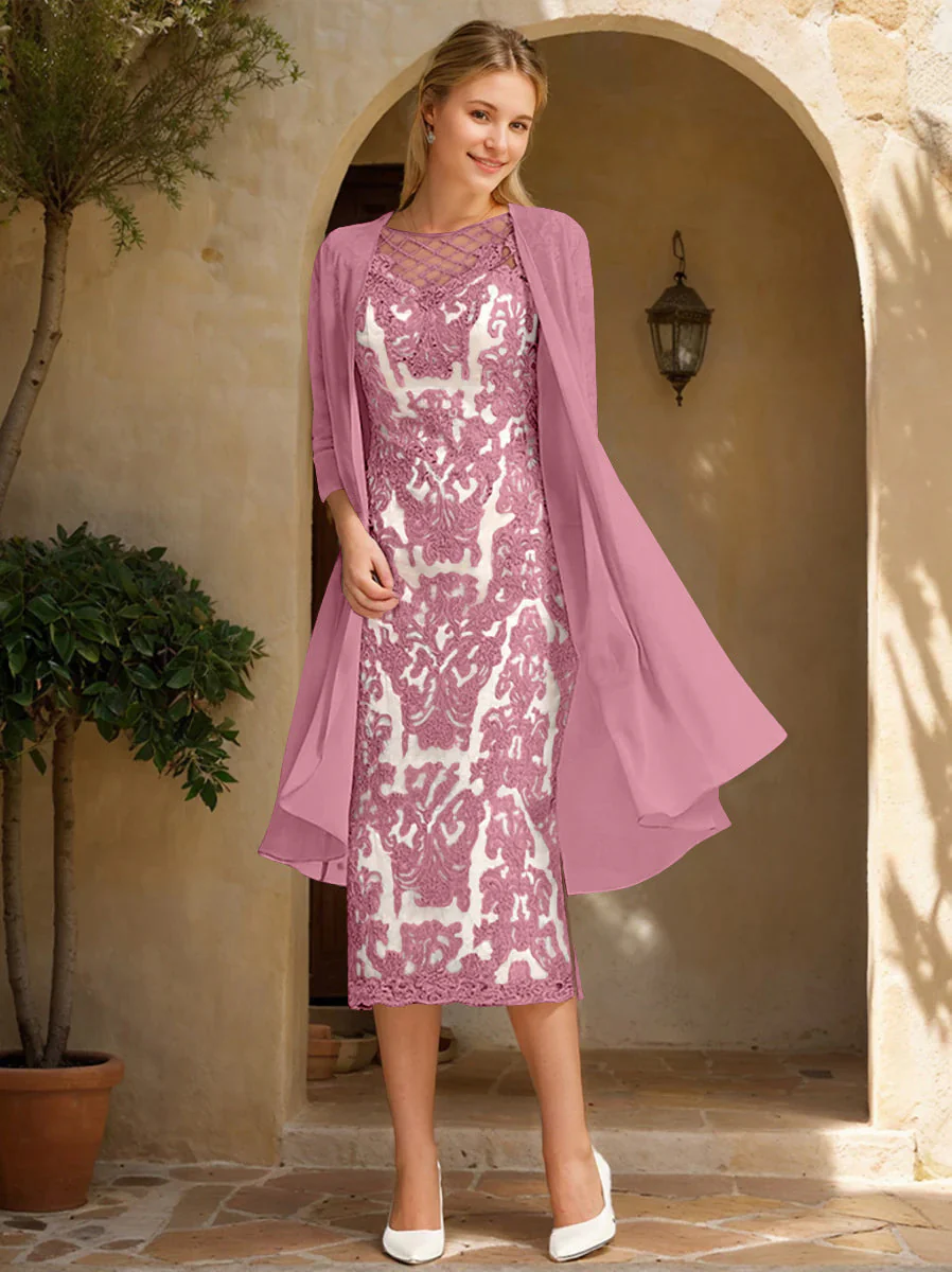Two Pieces Sheath/Column Jewel Neck Mother of the Bride & Groom Dresses with Lace Appliques & Beadings - Image 33