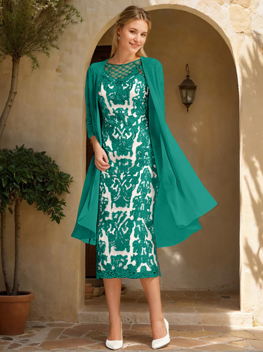 Two Pieces Sheath/Column Jewel Neck Mother of the Bride & Groom Dresses with Lace Appliques & Beadings - Image 41