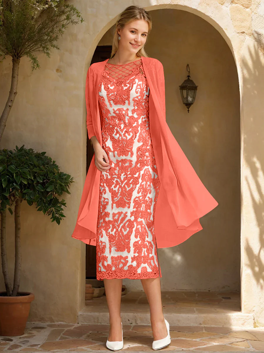 Two Pieces Sheath/Column Jewel Neck Mother of the Bride & Groom Dresses with Lace Appliques & Beadings - Image 45