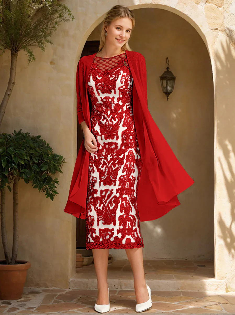 Two Pieces Sheath/Column Jewel Neck Mother of the Bride & Groom Dresses with Lace Appliques & Beadings - Image 48
