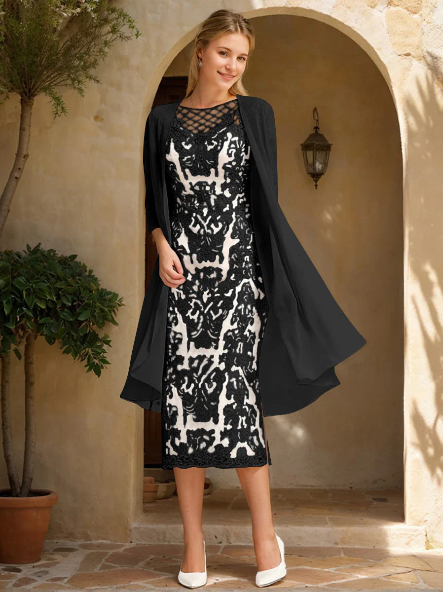 Two Pieces Sheath/Column Jewel Neck Mother of the Bride & Groom Dresses with Lace Appliques & Beadings - Image 5