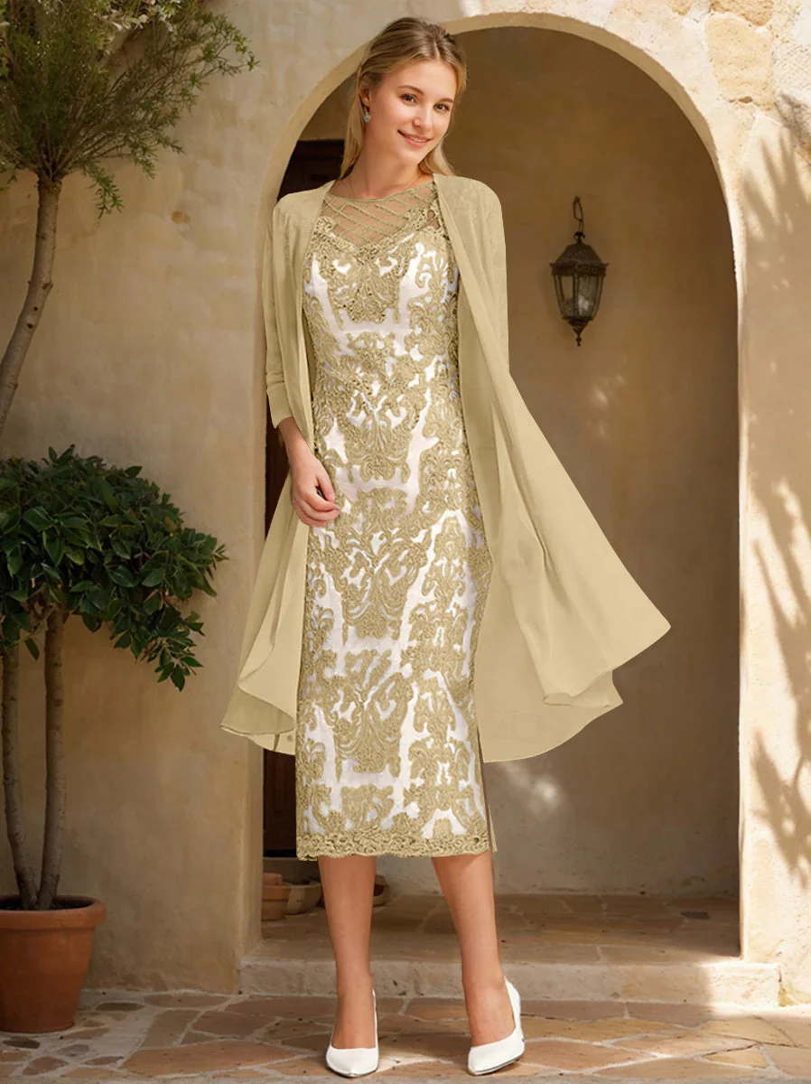 Two Pieces Sheath/Column Jewel Neck Mother of the Bride & Groom Dresses with Lace Appliques & Beadings - Image 7