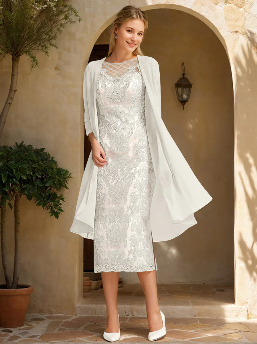 Two Pieces Sheath/Column Jewel Neck Mother of the Bride & Groom Dresses with Lace Appliques & Beadings - Image 9