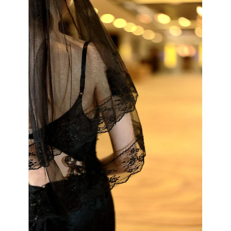 Two-tier Lace Wedding Veils Elbow Veils with Embroidery - Image 2