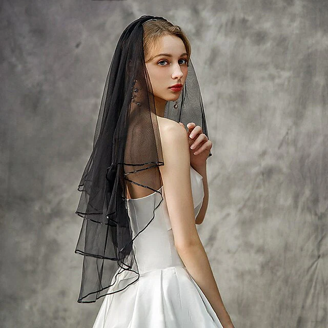 Two-tier Stylish / Classic & Timeless Wedding Veil Elbow Veils with Flower Comb / Pure Colour Tulle - Image 2