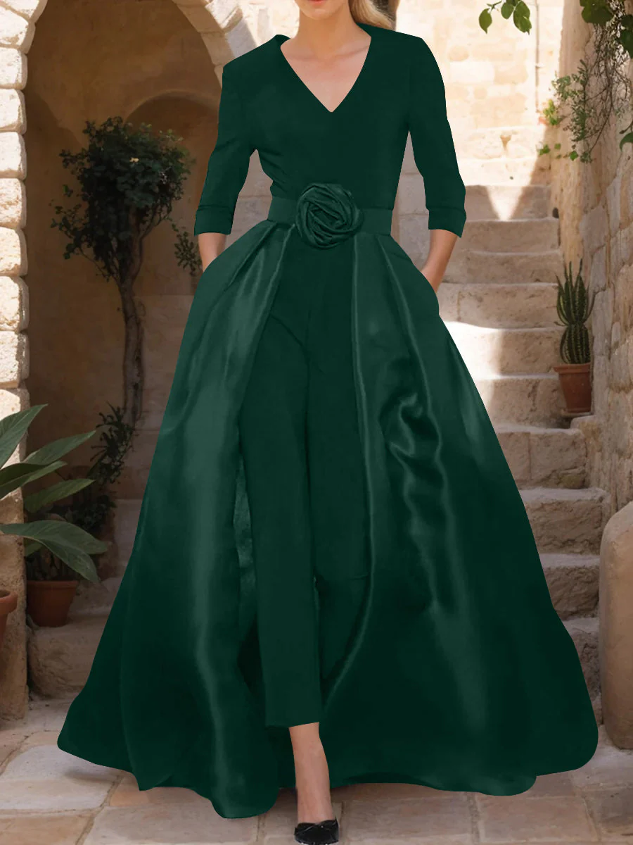 V-Neck 3/4 Sleeves Mother of the Bride Pantsuits with Flower Belt - Image 17