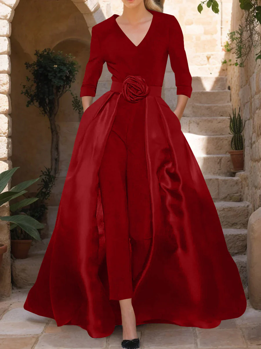 V-Neck 3/4 Sleeves Mother of the Bride Pantsuits with Flower Belt - Image 18