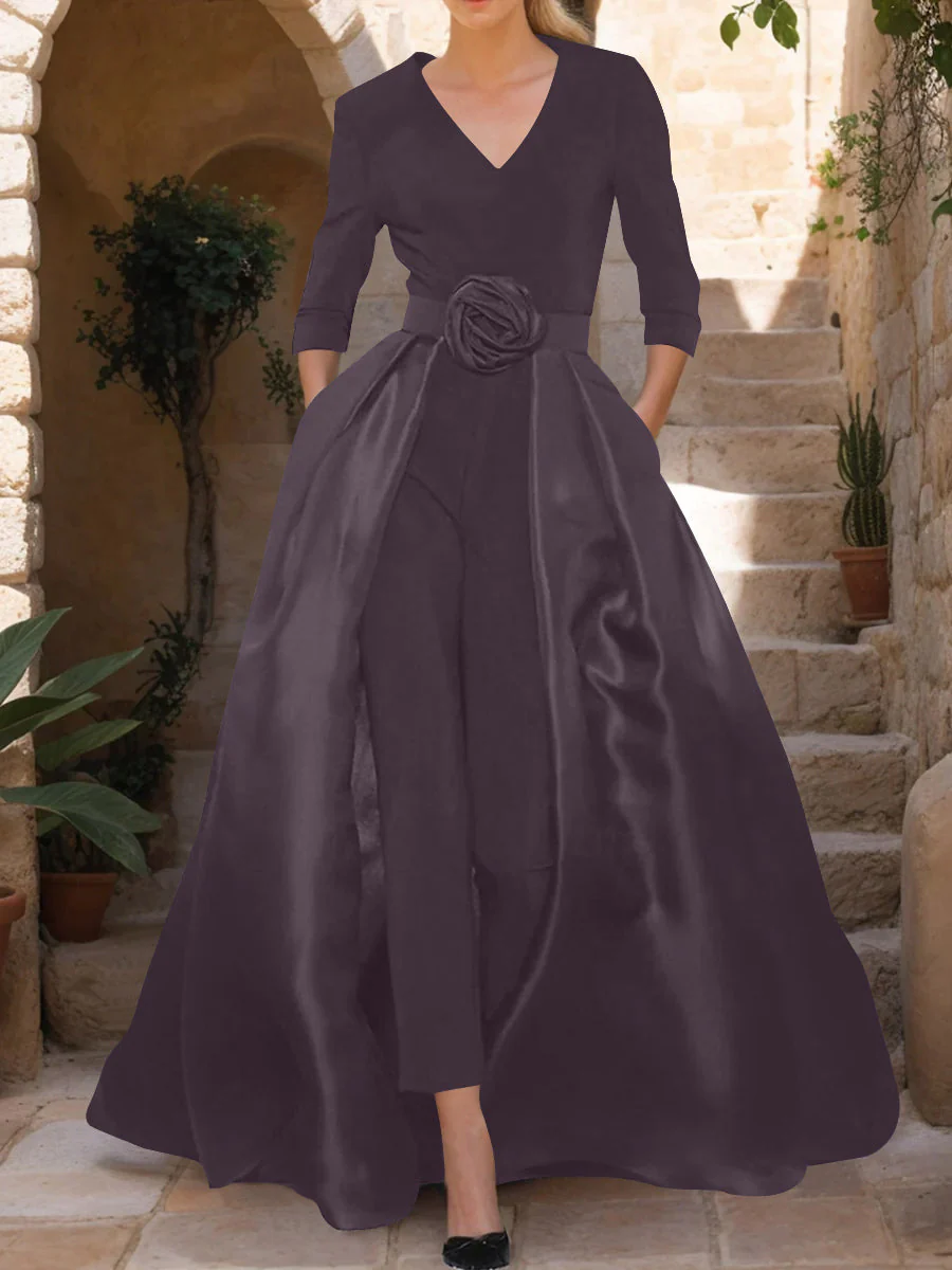 V-Neck 3/4 Sleeves Mother of the Bride Pantsuits with Flower Belt - Image 20