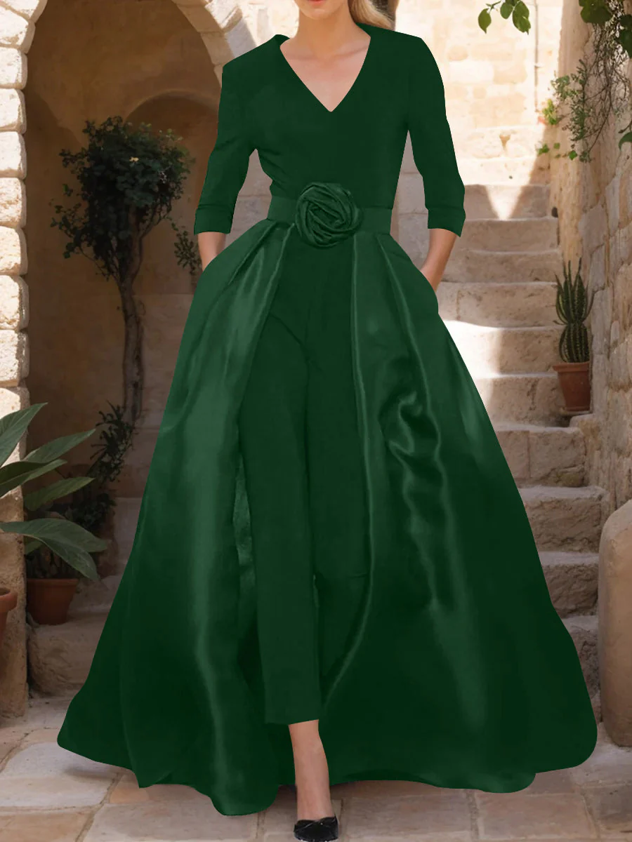 V-Neck 3/4 Sleeves Mother of the Bride Pantsuits with Flower Belt - Image 27