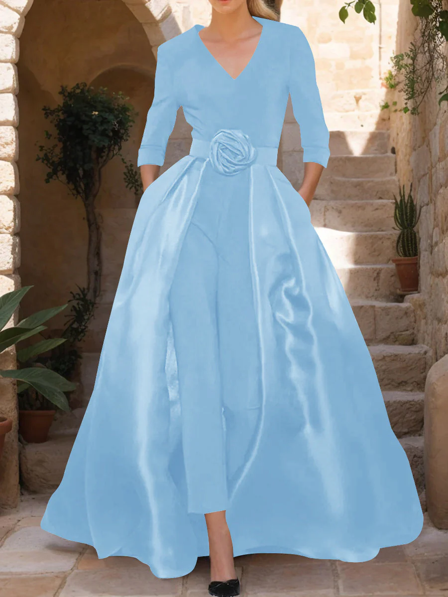 V-Neck 3/4 Sleeves Mother of the Bride Pantsuits with Flower Belt - Image 33