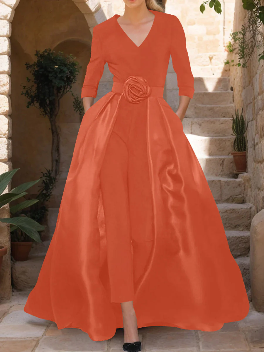 V-Neck 3/4 Sleeves Mother of the Bride Pantsuits with Flower Belt - Image 41