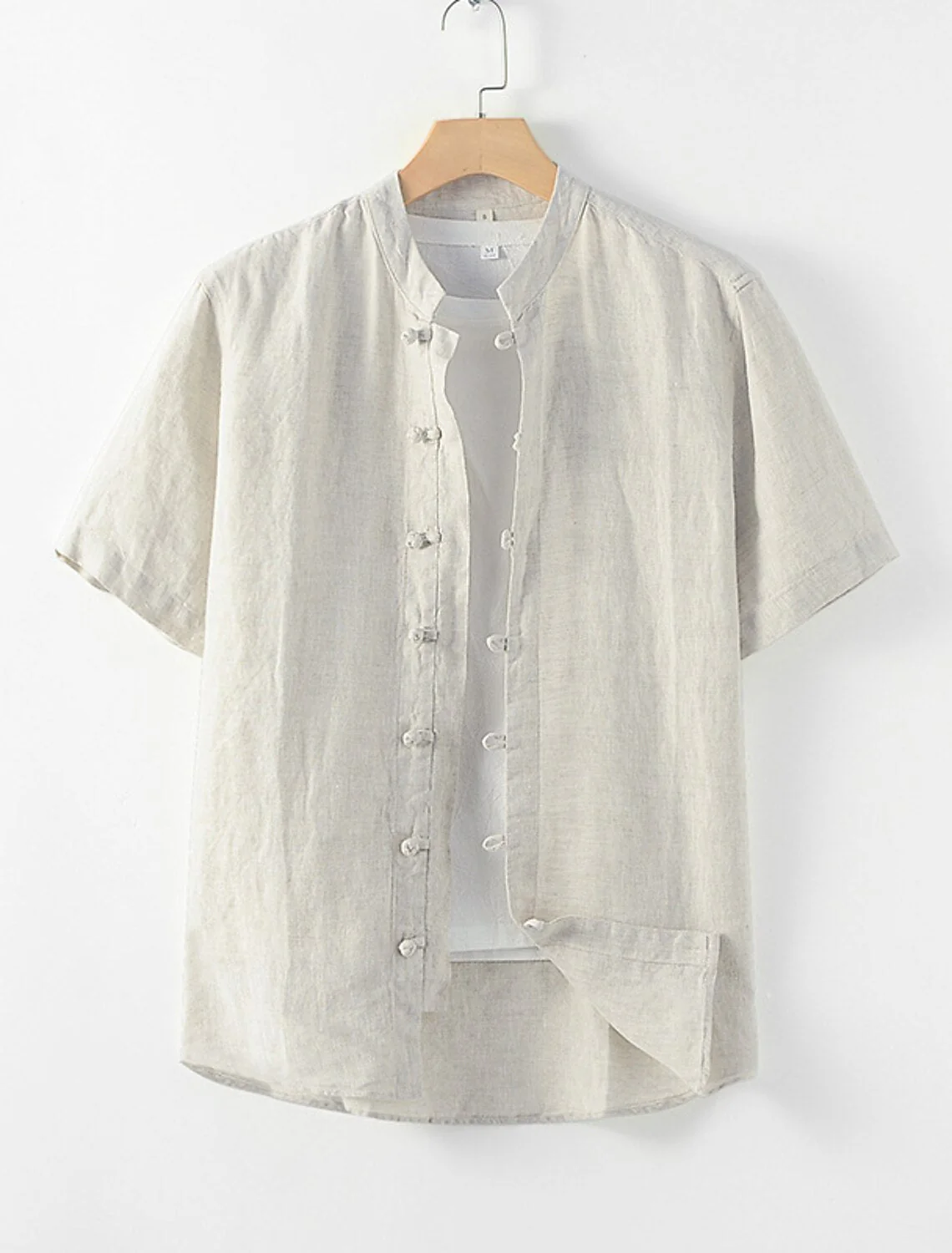 White Blue Beige Men's Stand Collar Short Sleeves Casual Linen Shirt - Image 3