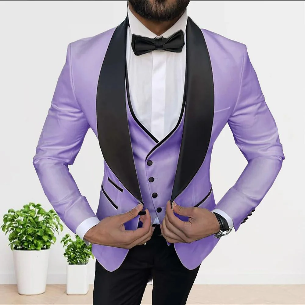 White Champagne Grey Men's Tailored Fit 3 Pieces Solid Coloured Single Breasted One-button Party Suits - Image 5