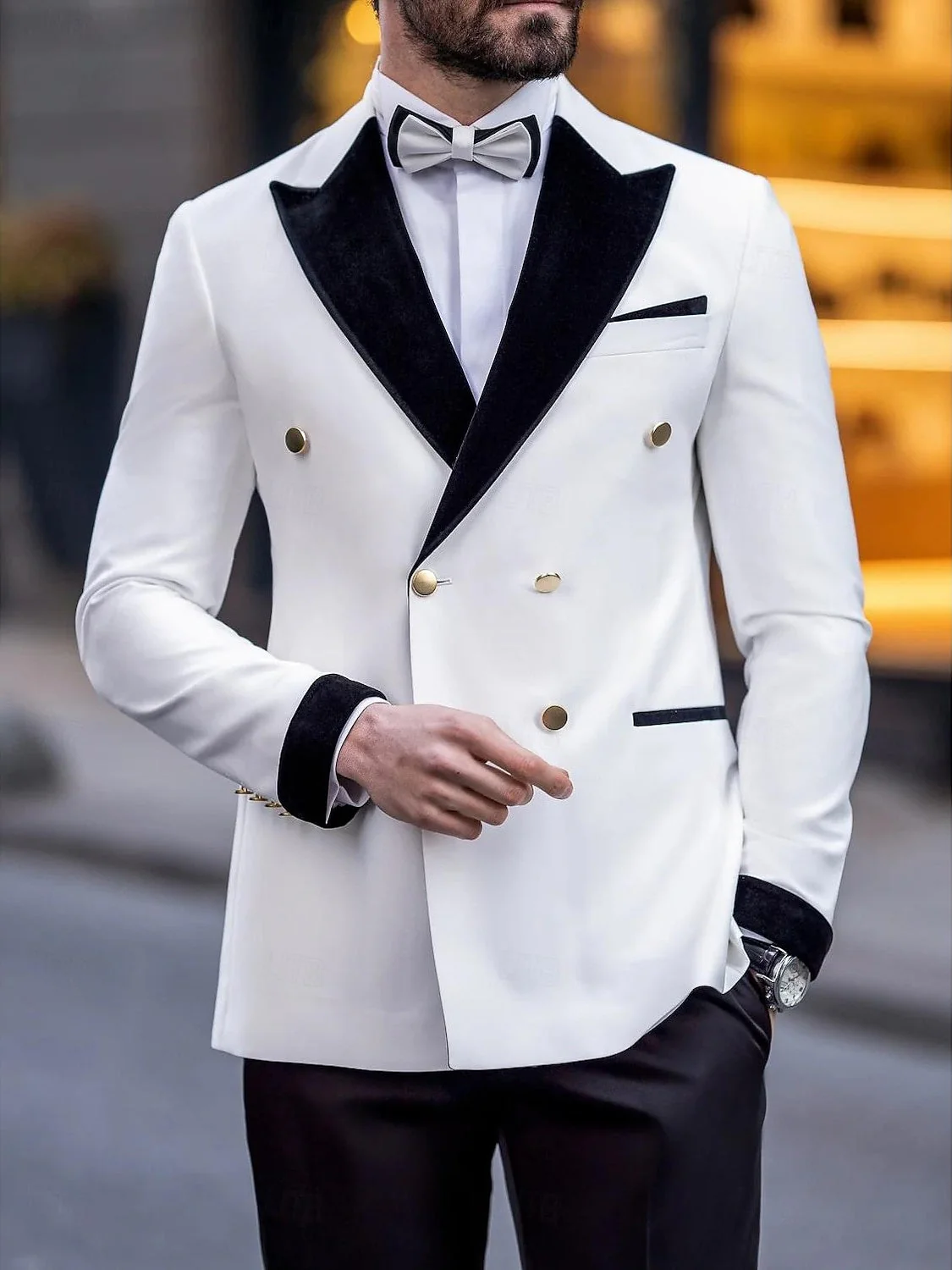 White Men's Colour Block Tuxedo Luxury Formal Tailored Fit Double Breasted Six-buttons Outfit Suits Wedding Party Prom Suits 2 Piece - Image 3