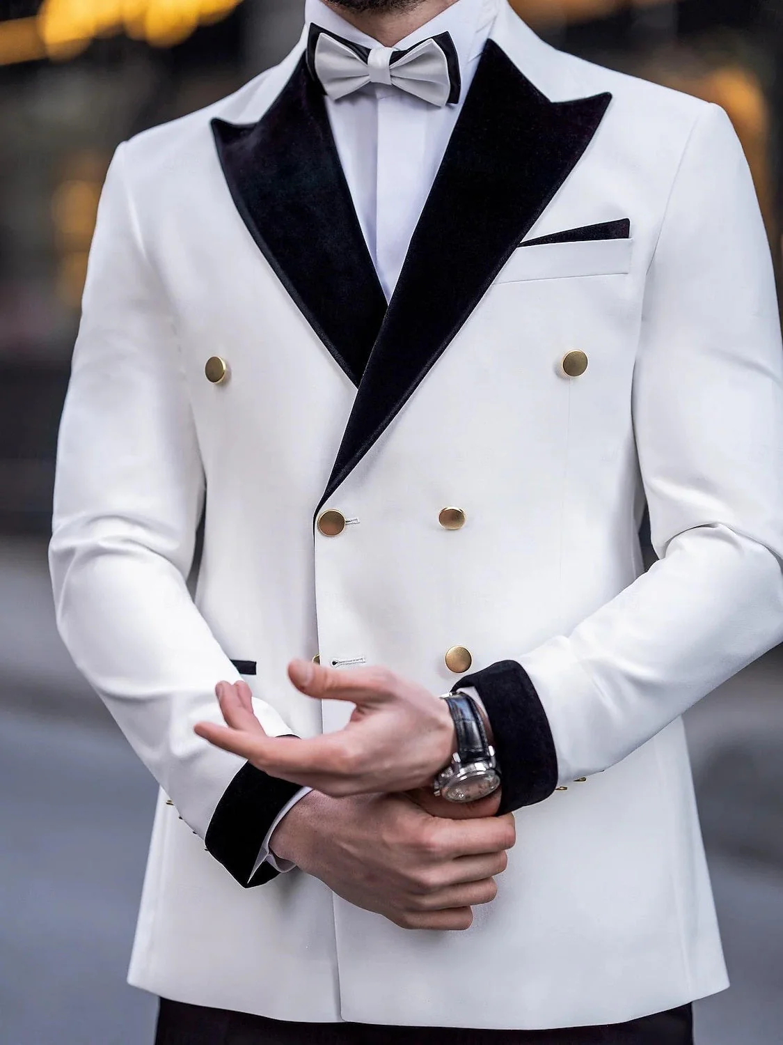 White Men's Colour Block Tuxedo Luxury Formal Tailored Fit Double Breasted Six-buttons Outfit Suits Wedding Party Prom Suits 2 Piece - Image 4