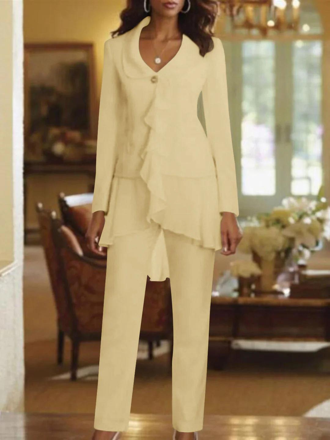 White V-Neck Long Sleeves Floor Length Mother of the Bride Pantsuits With Ruffle - Image 10