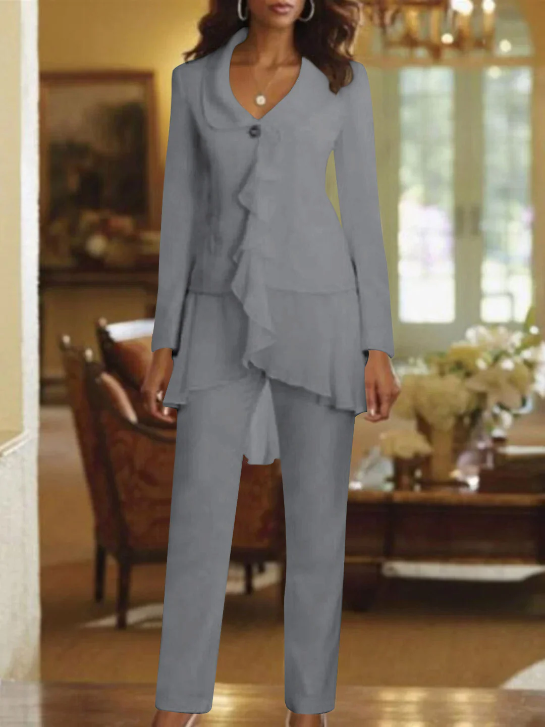 White V-Neck Long Sleeves Floor Length Mother of the Bride Pantsuits With Ruffle - Image 11
