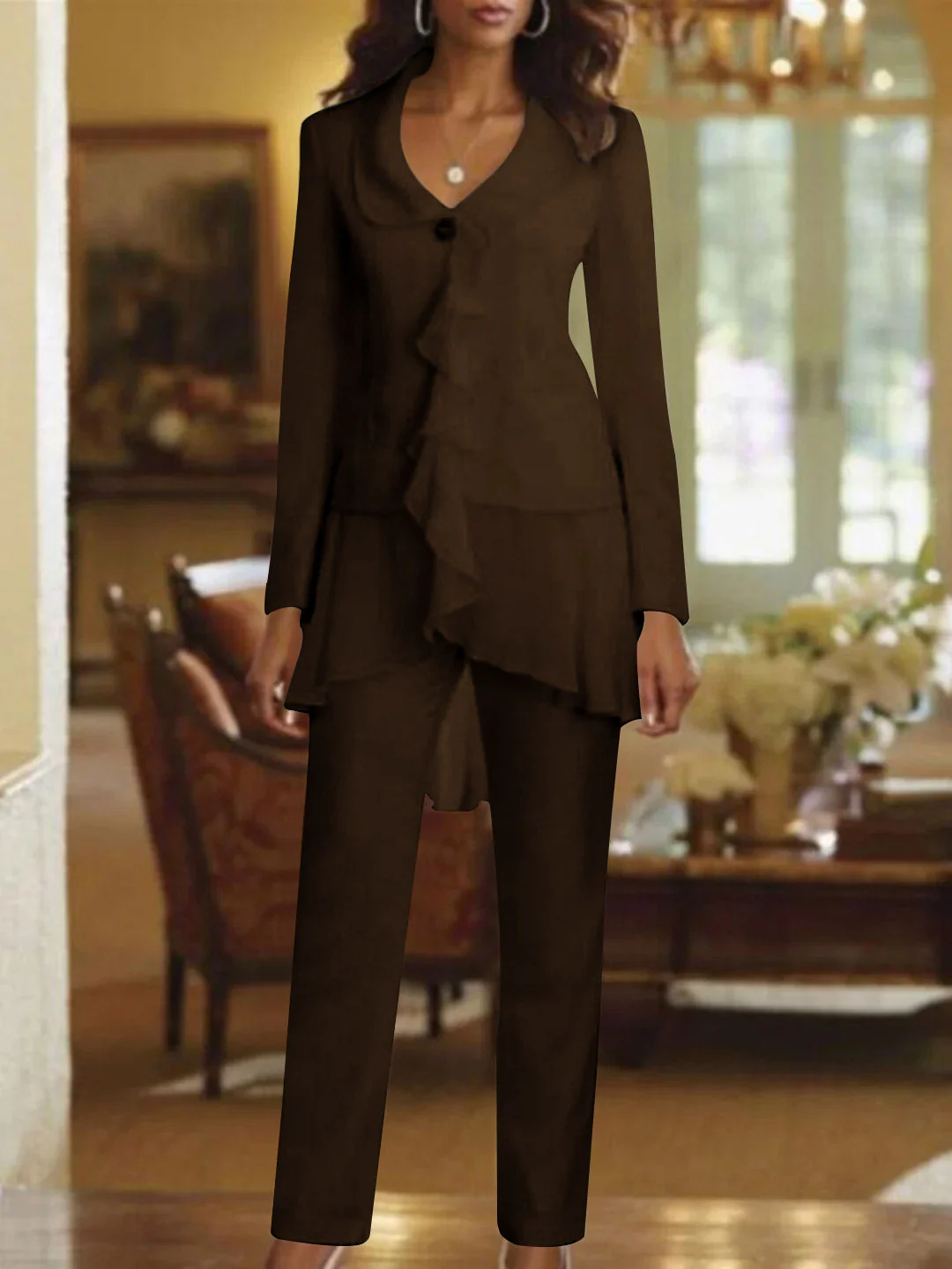 White V-Neck Long Sleeves Floor Length Mother of the Bride Pantsuits With Ruffle - Image 12