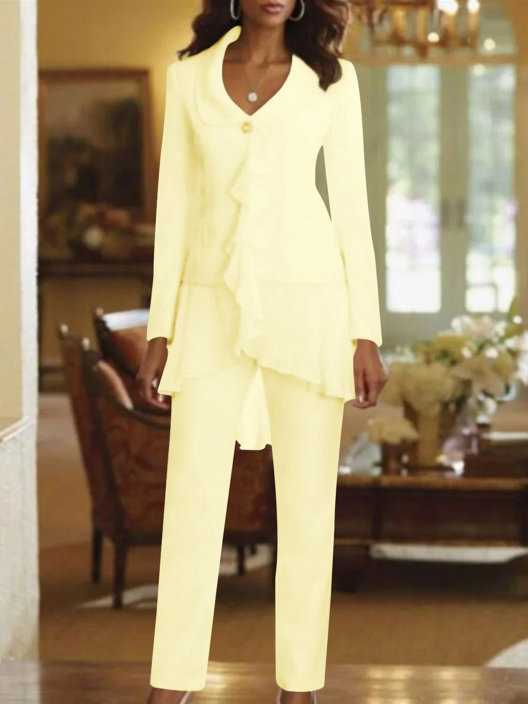 White V-Neck Long Sleeves Floor Length Mother of the Bride Pantsuits With Ruffle - Image 14
