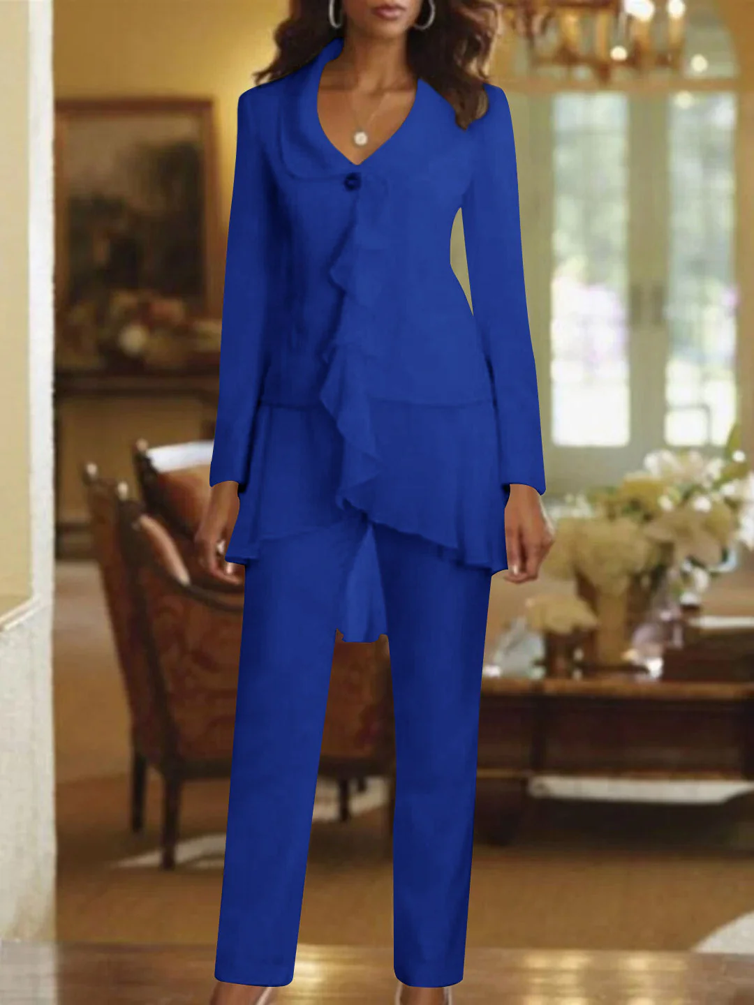 White V-Neck Long Sleeves Floor Length Mother of the Bride Pantsuits With Ruffle - Image 16