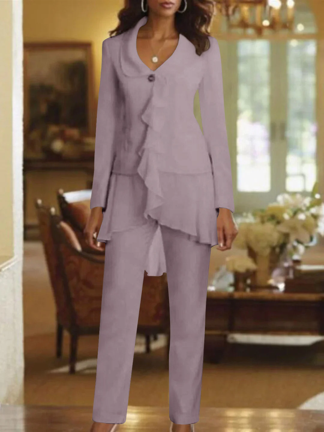 White V-Neck Long Sleeves Floor Length Mother of the Bride Pantsuits With Ruffle - Image 17