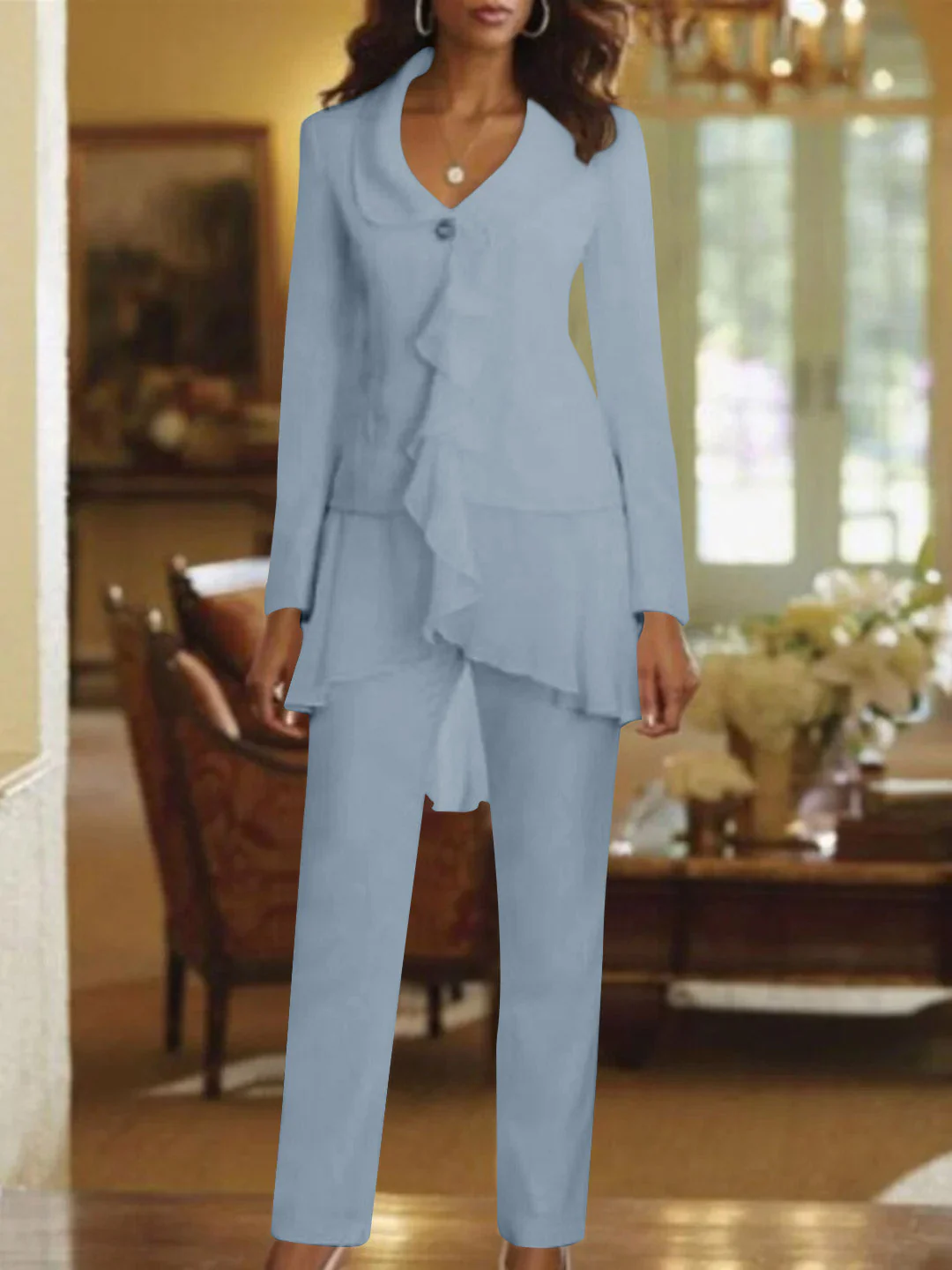 White V-Neck Long Sleeves Floor Length Mother of the Bride Pantsuits With Ruffle - Image 18